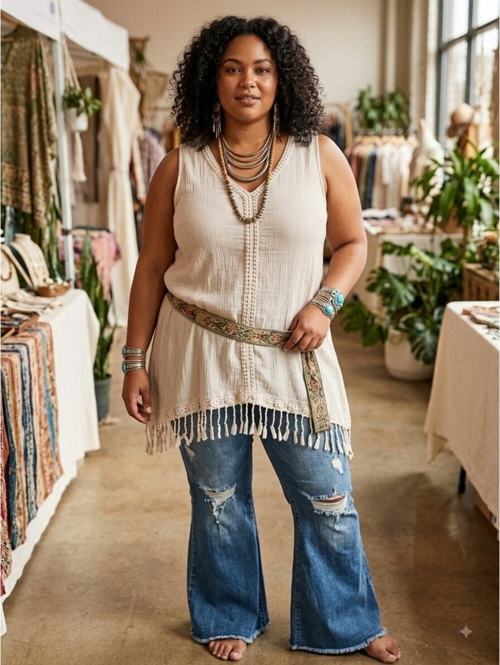EUC Boho beige Tank w/tassels size Large L boho cottagecore